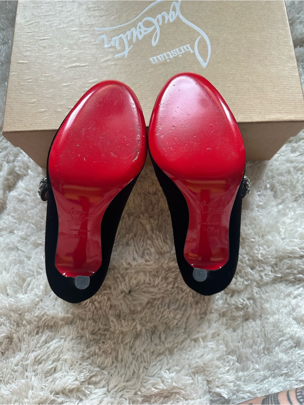 Christian Louboutin Black Velvet Mary Jane Pumps with Crystal Flower - Picture 3 of 11
